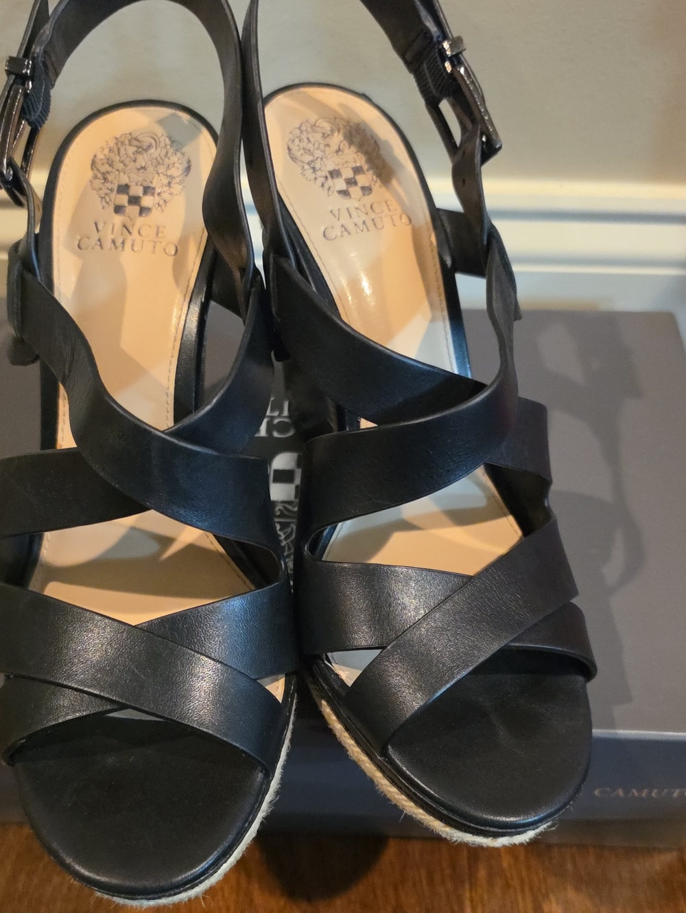 Vince Camuto Black Crisscross Leather Wedge Sandals